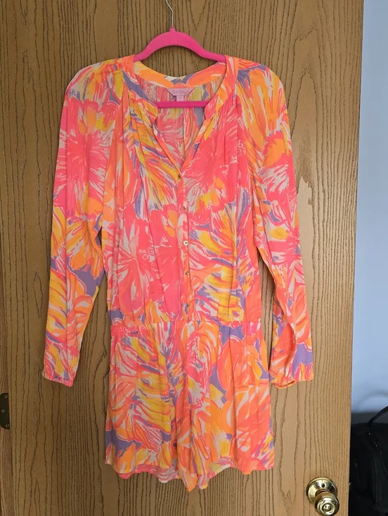 Lilly Pulitzer Elsa Pink & Orange Tropical Print Romper - Picture 2 of 5